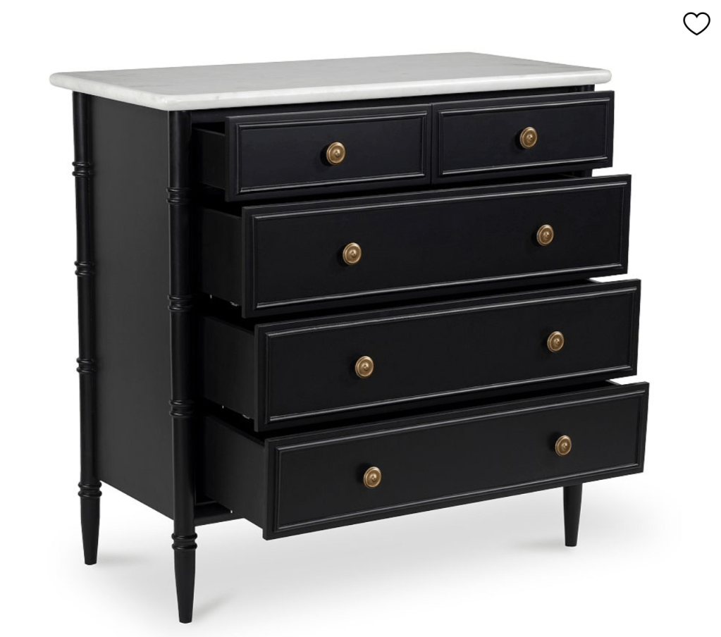 Black five-drawer chest with brass knobs
