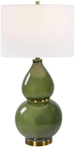 Green ceramic table lamp with white shade